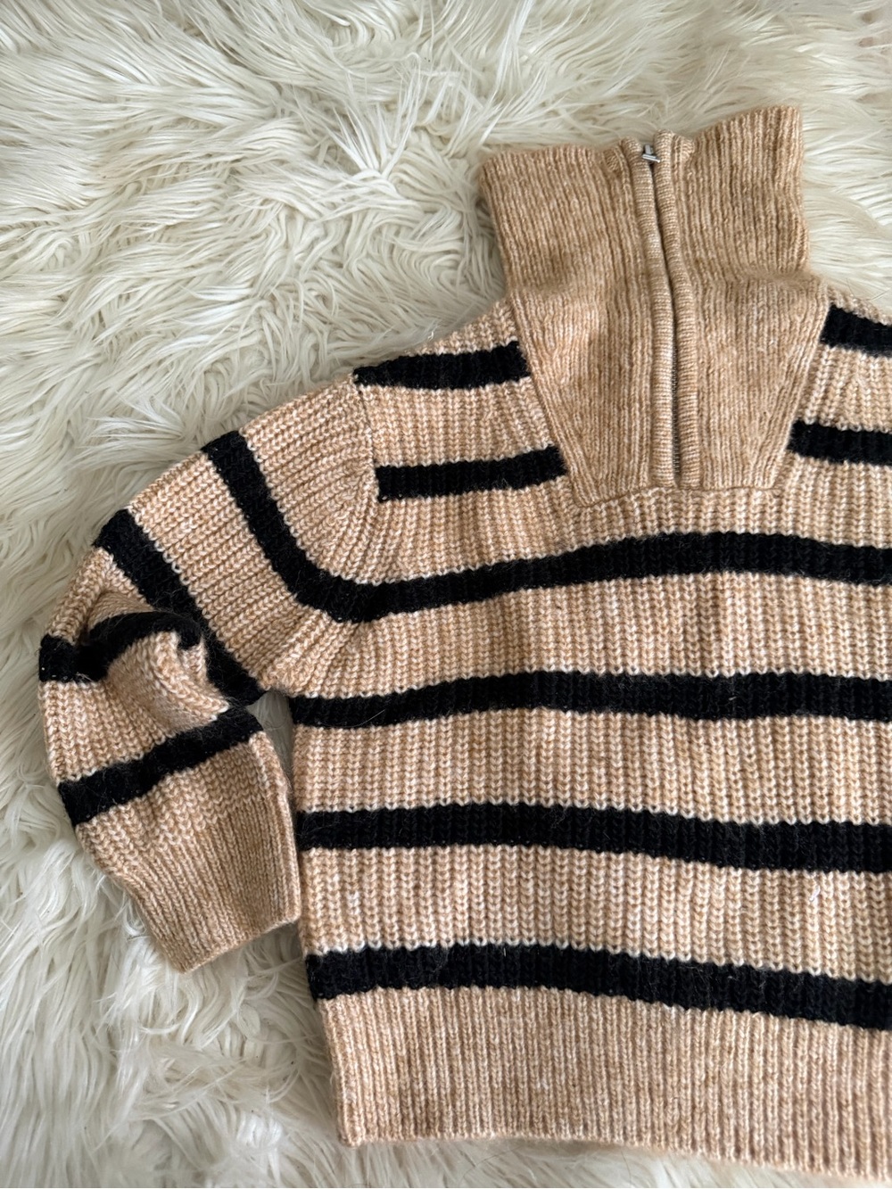 ZARA Girls Beige and Black Striped Half-Zip Knit Sweater - Picture 3 of 5